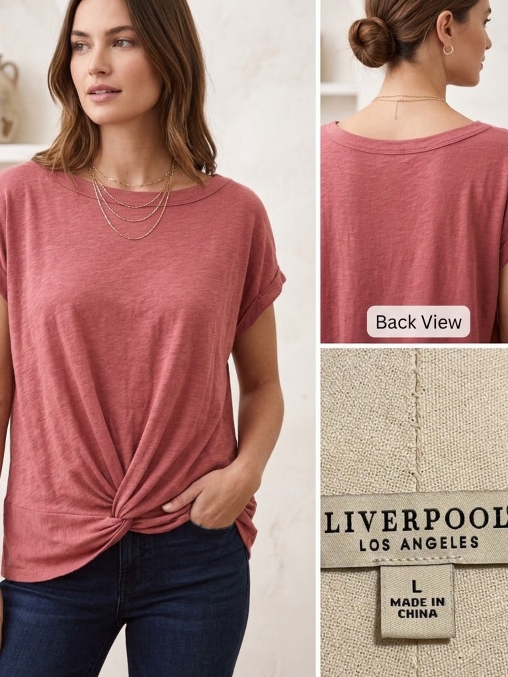 Liverpool Twist-Front Short Sleeve Tee in Dusty Rose